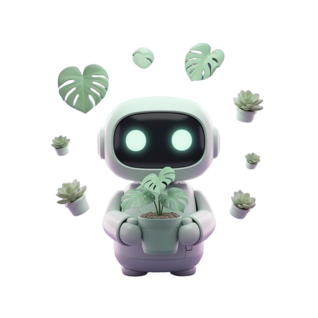 Cute robot mascot holding a monstera plant, surrounded by floating leaves and succulents